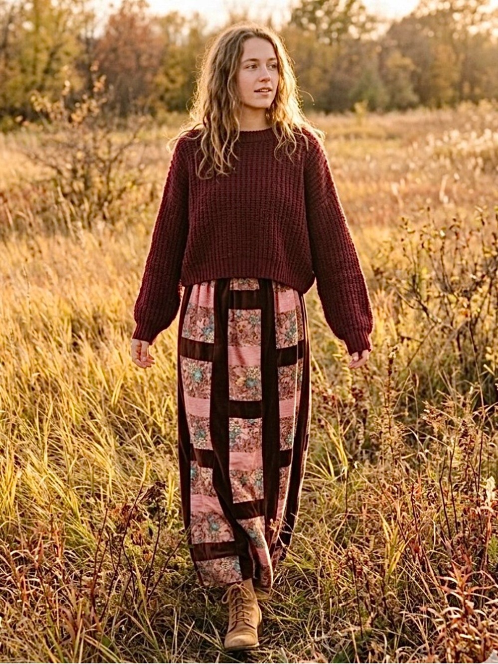 Vintage 70s Mr. Hank Burgundy Pink Velvet Floral Patchwork Maxi Skirt Small